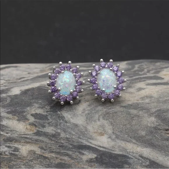 New Opal Oval Amethyst Stud Earrings - Picture 7 of 7